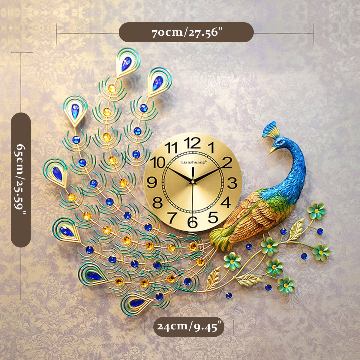 3D DIY Peacock Decoration Digital Wall Clock Metal Modern Art Home Bedroom Room