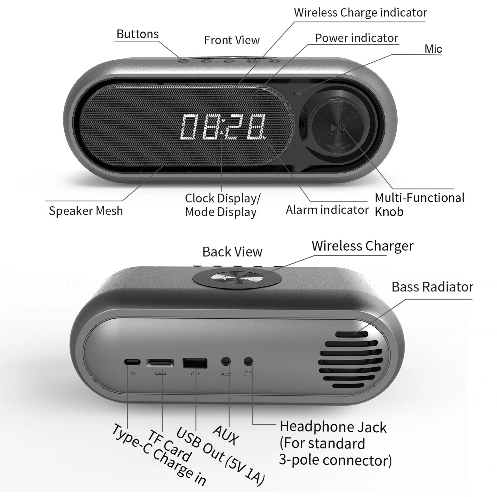 LED Display Table Alarm Clock With Wireless Charger FM Radio TF Card Play Bass Sound Box Wireless Bluetooth Speaker