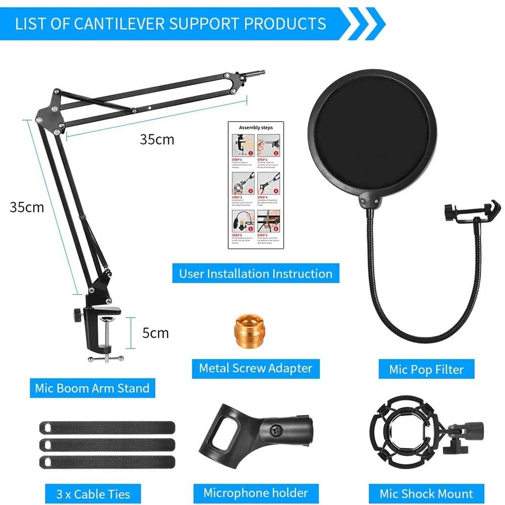 Microphone Suspension Arm Stand Clip Holder Adjustable Metal Boom Scissor