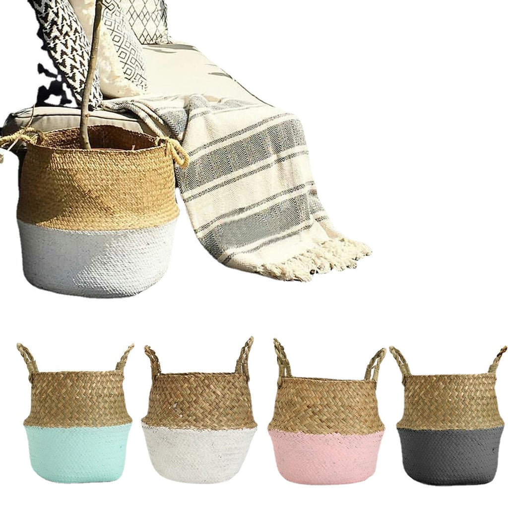 Foldable Rattan Straw Basket Flower Pot Hanging Wicker Storage Baskets Garden Accessories