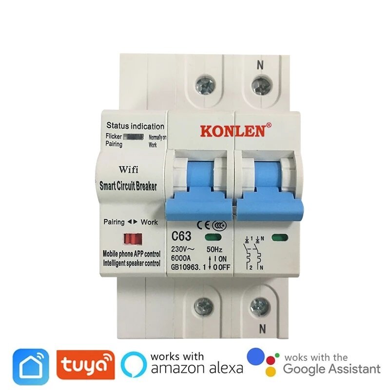 WIFI Smart 2P 63A 220V Circuit Breaker Electrical Energy Meter Power Air Switch Timer Works with Google Alexa