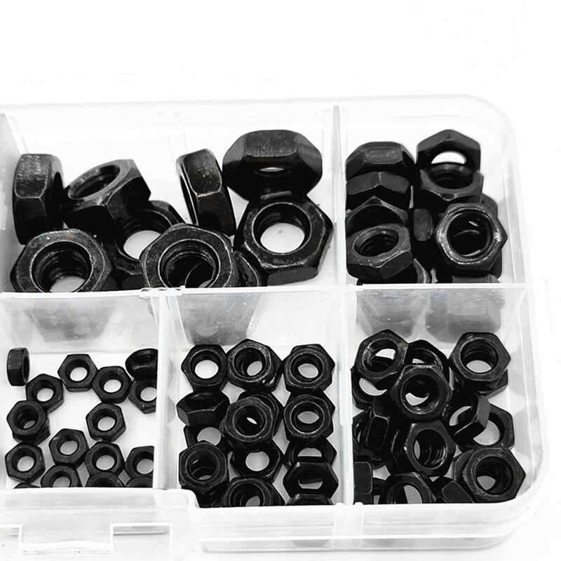 140Pcs Black Carbon Steel Nuts Hex Nut Washer Hexagonal Nuts M2-M10