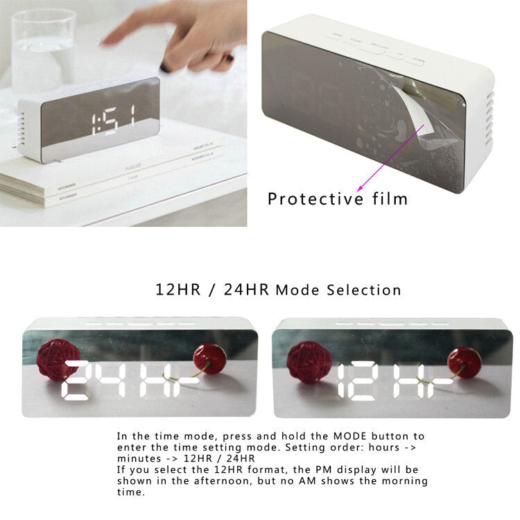 Creative Mirror Alarm Clock LED Digital Display Multifunctional Battery Plug-in Dual-use Clock