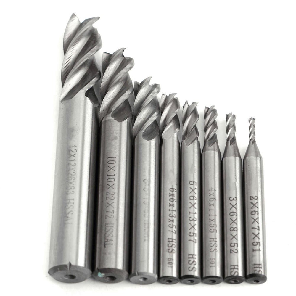 8pcs 2-12mm 4 Flute End Mill Cutter HSS Straight Shank Milling Cutter CNC Tool