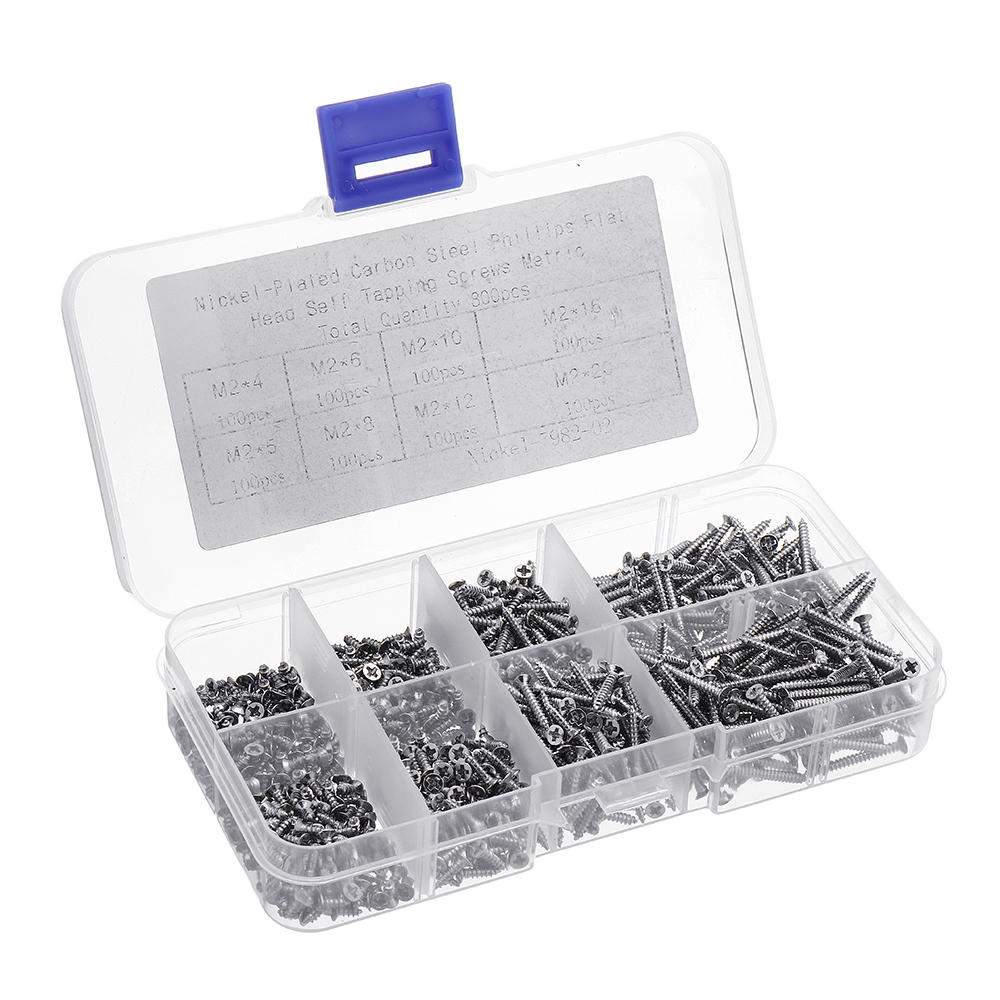 800pcs M2 Phillips Screw Flat Head Nickel-Plated Carbon Steel Self-Tapping Woodworking Screws Assortment Kit