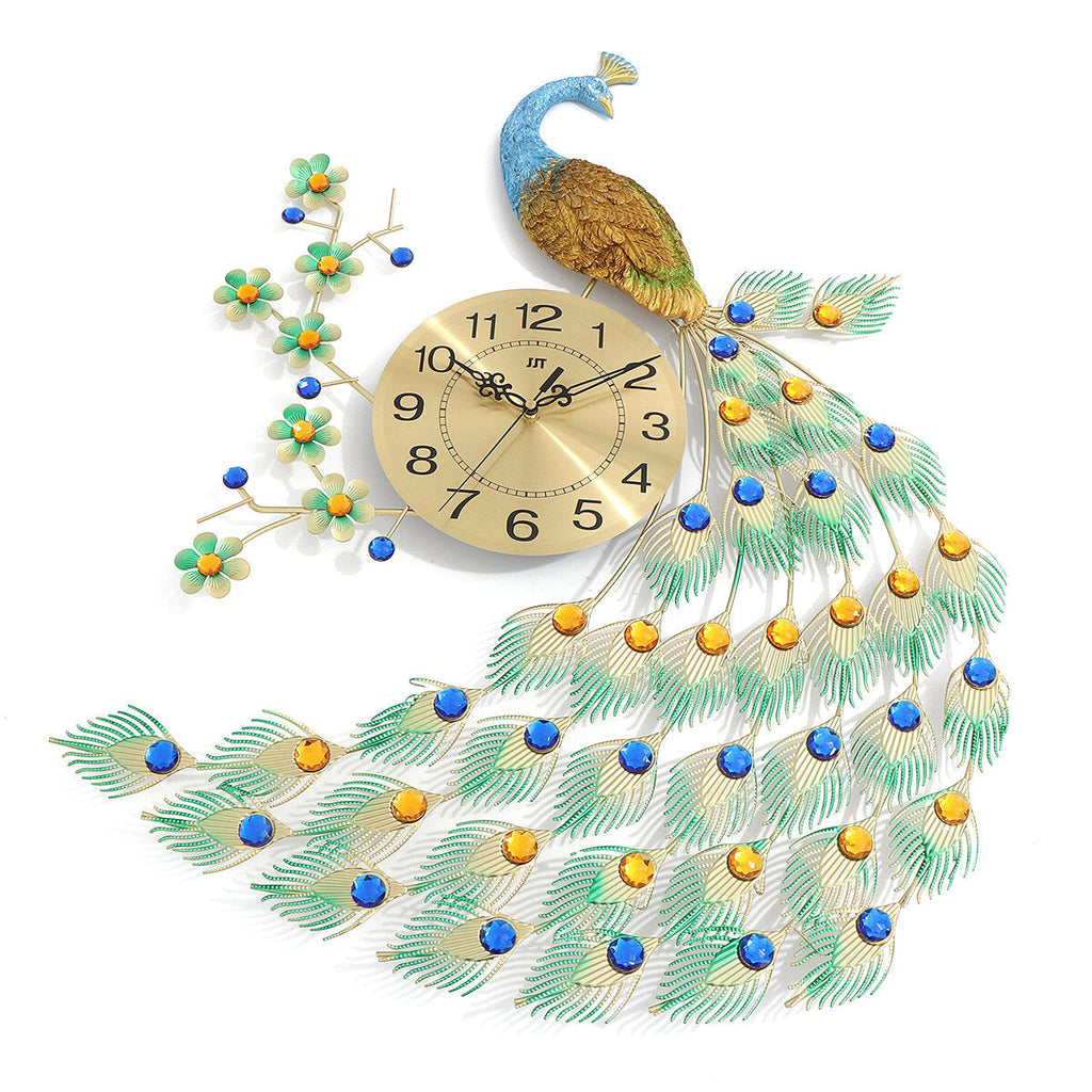 Home Large Metal Peacock Luxury Diamond Wall Mounted Clock Living Room Art Decor