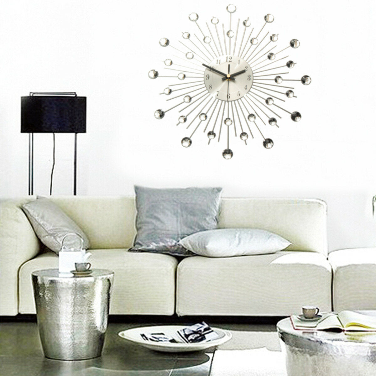 33cm Clear Diamante Crystal Effect Jeweled Sunburst Silver Metal Wire Wall Clock