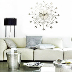 33cm Clear Diamante Crystal Effect Jeweled Sunburst Silver Metal Wire Wall Clock