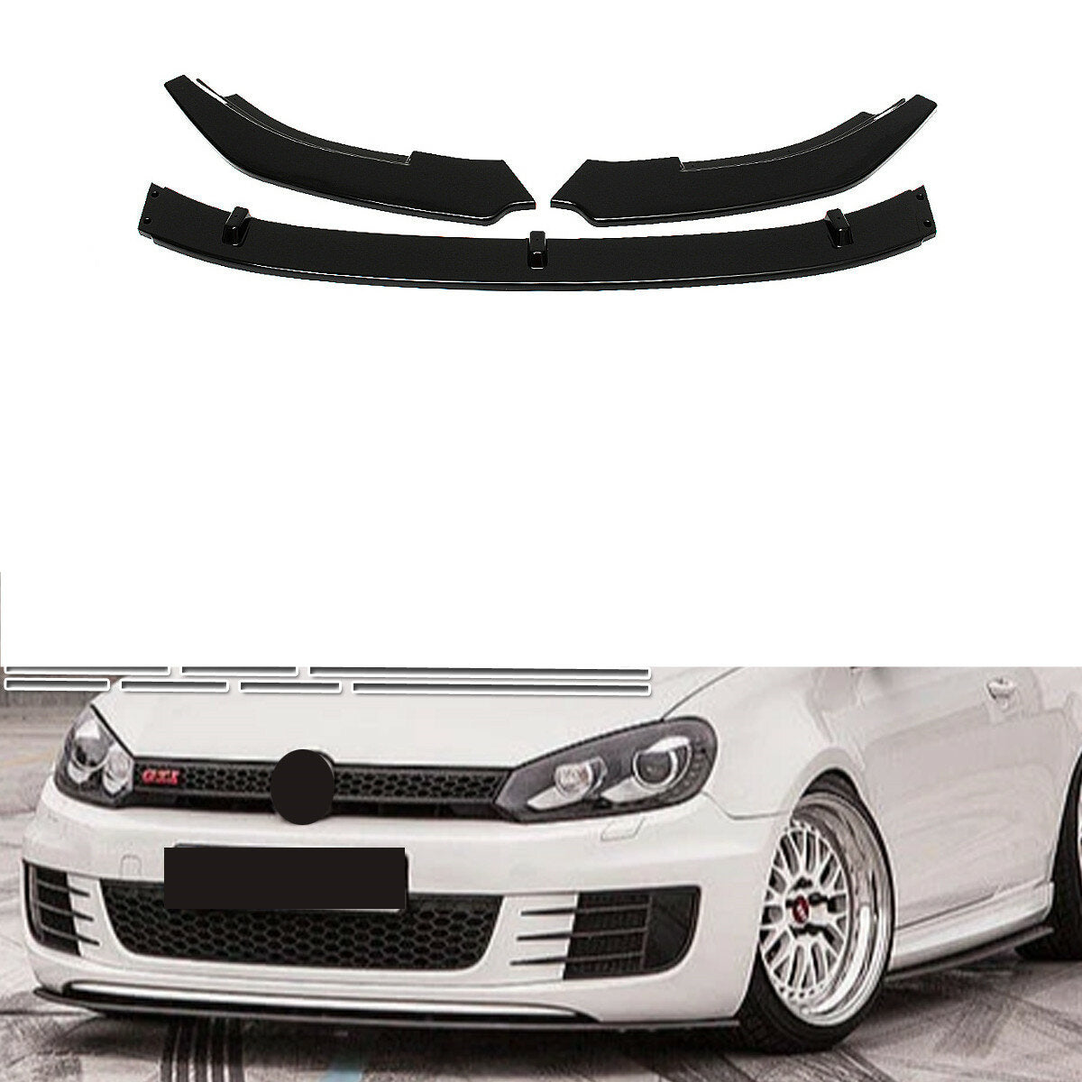 3PCS Glossy Black Front Bumper Lip Spoiler Splitter Cover Trim Body Kit
