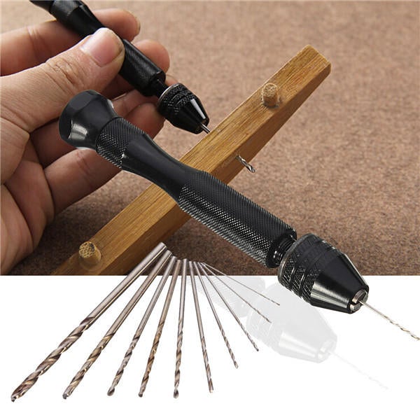 Mini Aluminum Hand Drill with Carving Bench Clamp and 10 Twist Drills