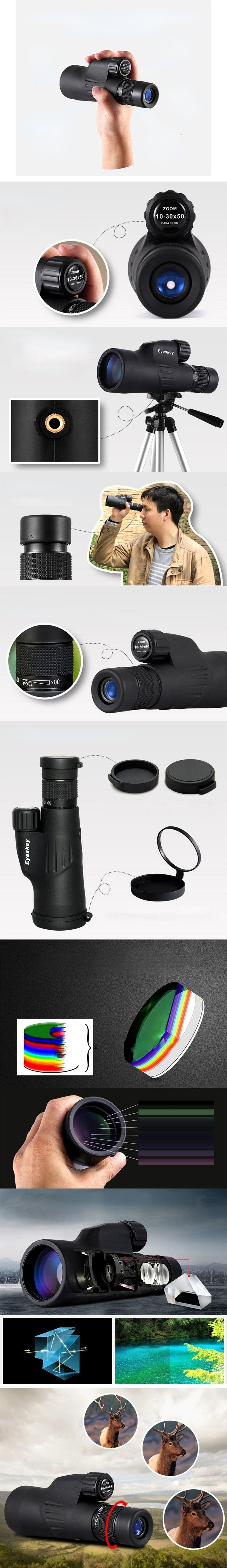10-30×50 Monocular Telescope Adjustable BAK4 FMC Coated Handheld Bird Watching Smartphone