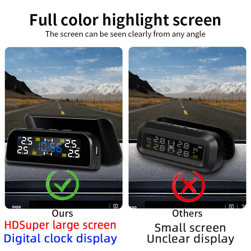 Solar Car 360 Rotation Tire Pressure Monitoring System Digital Clock LCD Display Tyre Temperature Safety Alarm Machine