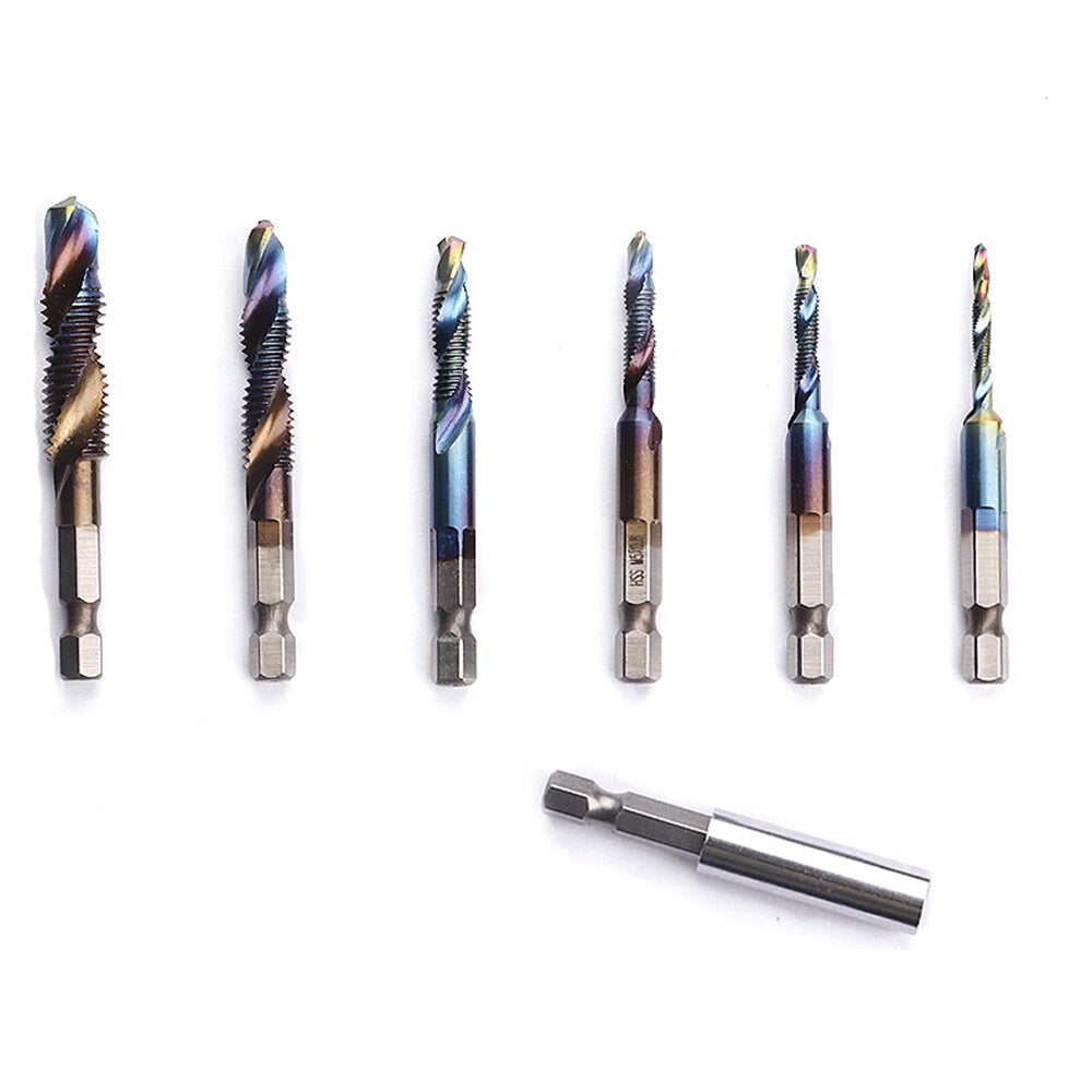 7Pcs M3-M10 6.2mm Hex Shank Blue Coated Screw Thread Metric Compound Tap Drill Bits with Extension Rod