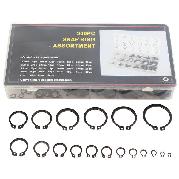 300Pcs 3-32mm Assorted External Circlip Snap Ring C-Clip Repairs Parts Case Box