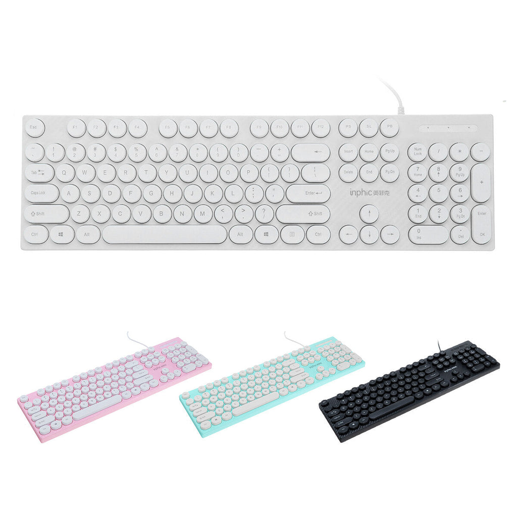 104 Keys Computer Keyboard USB Wired Punk Round Keycaps Mechanical Feeling Gaming Keyboard