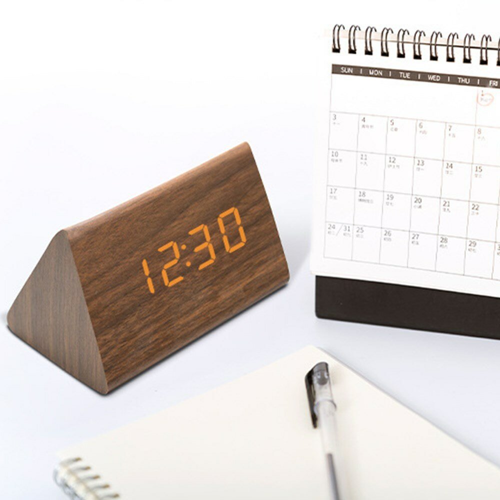 LED Alarm Clock Creative Simple White Light Voice Control Temperature Display Calendar Wooden Clock