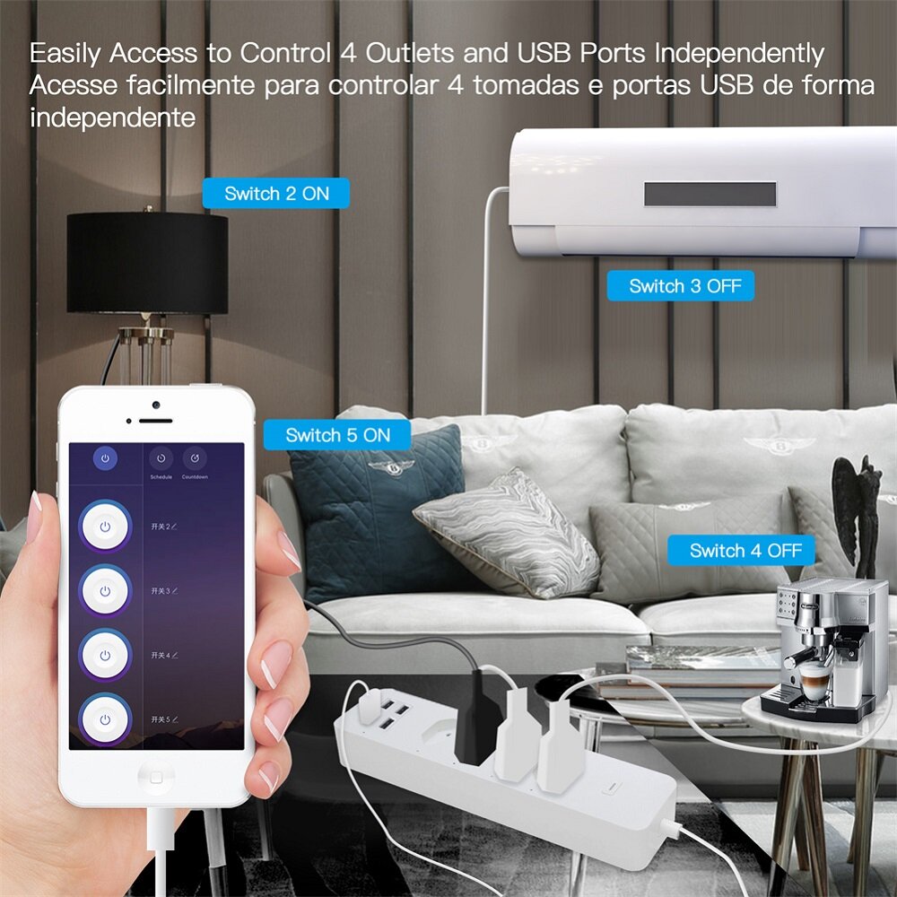 Smart Wifi Brazil Standard Socket 4 Outlets + 4 USB Charging Port App Remote Control Works with Alexa Google Home,110-240V