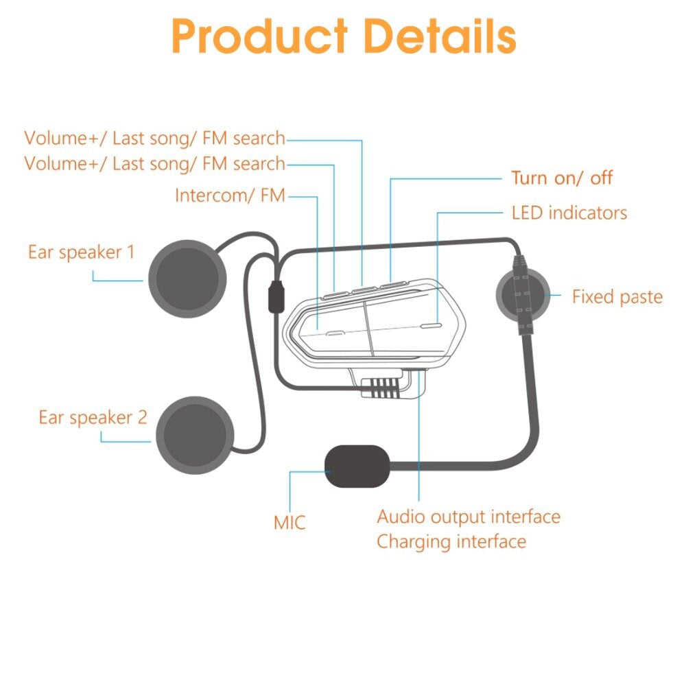 Bluetooth Helmet Motorcycle Headset Interphone Earpiece Motorbike Outdoor Waterproof for Walkie Talkie