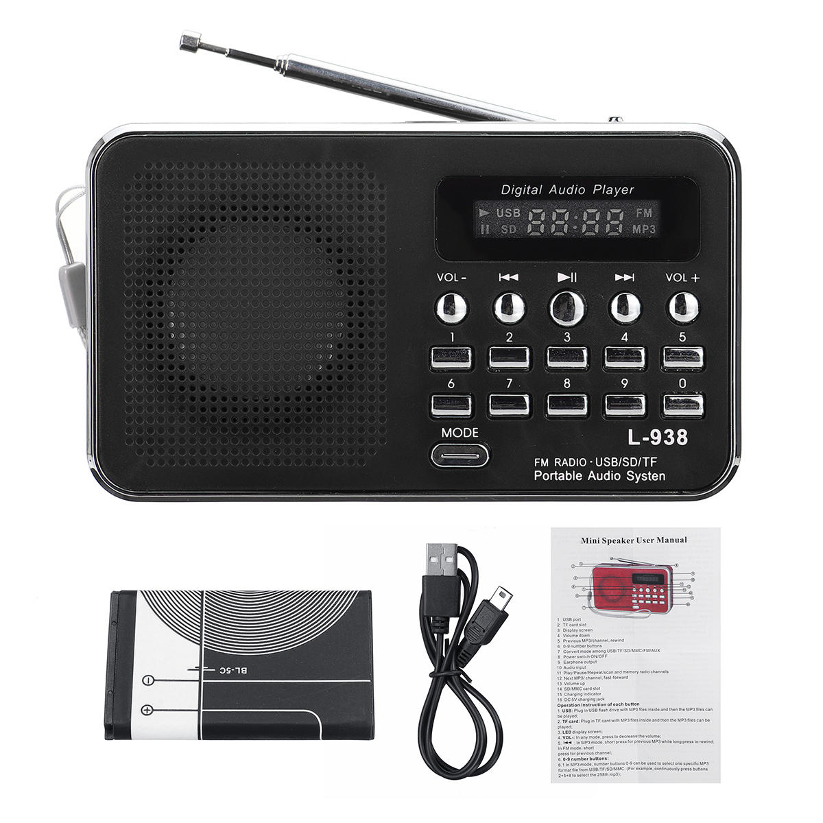 Portable FM 87.5-108MHZ 4.2V 4 Radio TF SD Card AUX Loop Play Speaker MP3 Music Player