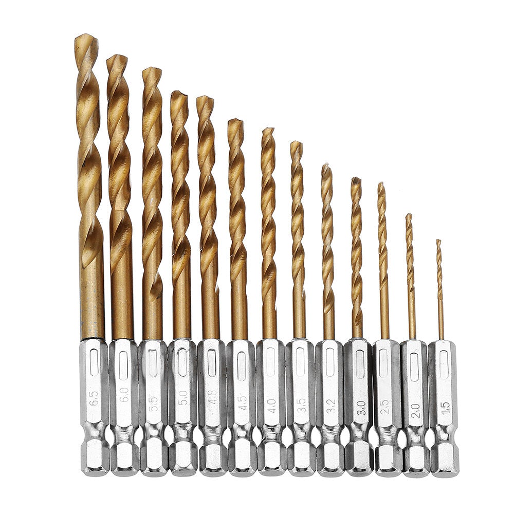 13pcs 1.5-6.5mm HSS Titanium Coated 1/4 Inch Hex Shank Twist Drill Bit Set