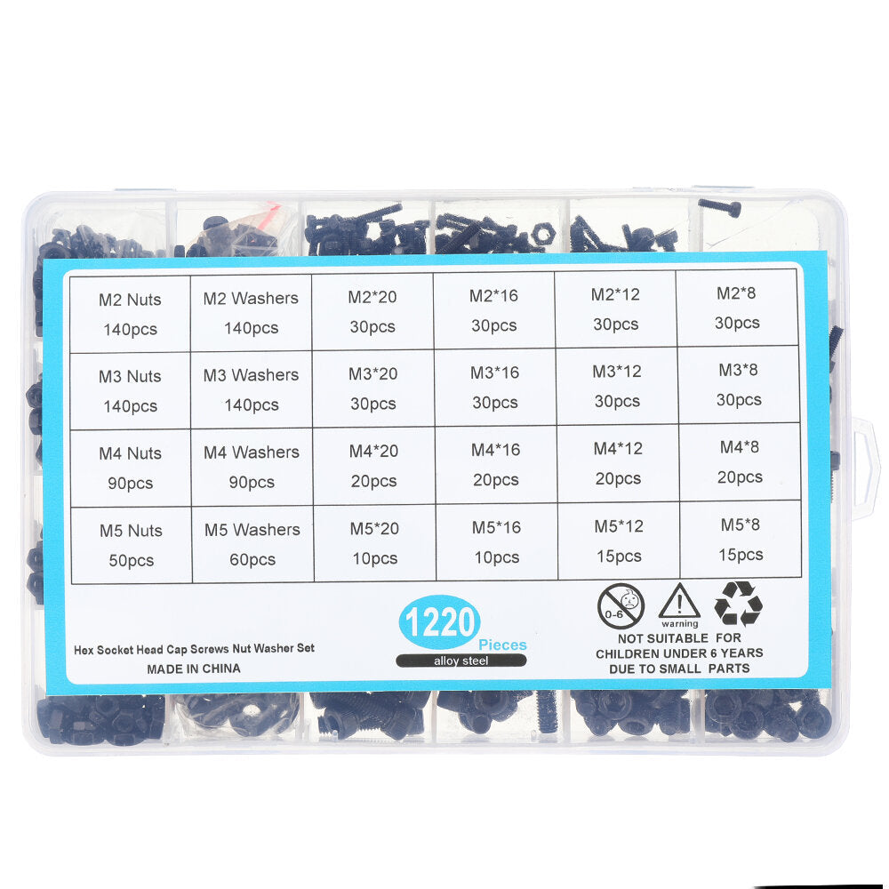 1220Pcs Alloy Steel 12.9 Grade Hex Socket Cap Head Screws Nut Washer Set Assortment Kit M2 M3 M4 M5