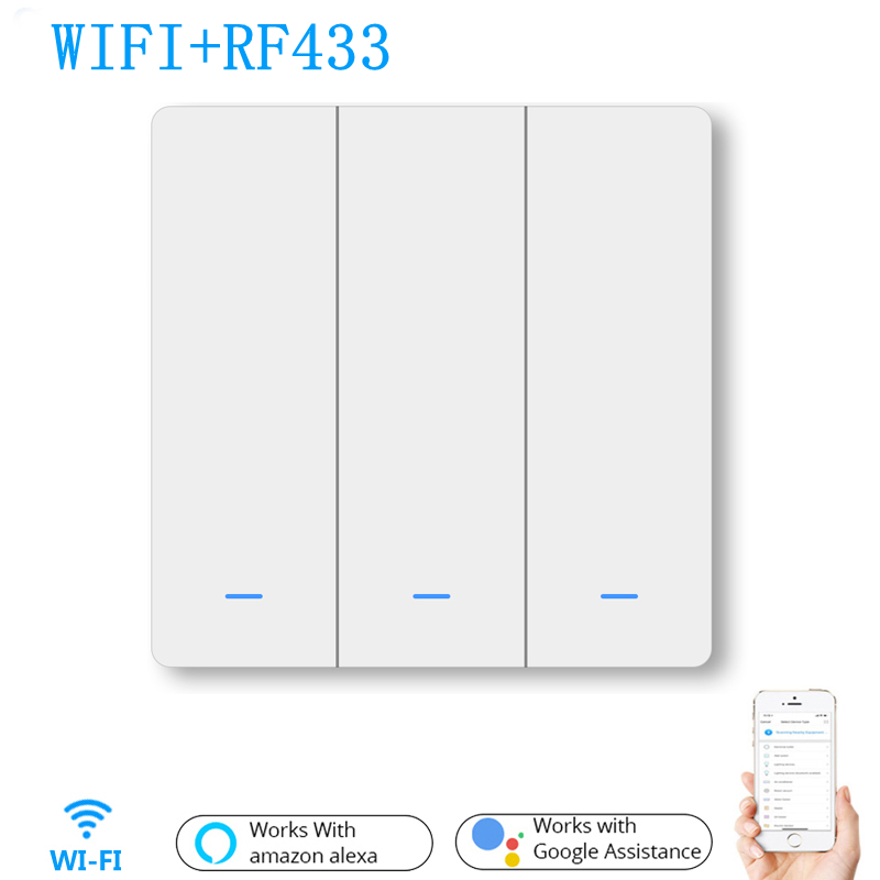 WiFi RF433 3Gang Push Button Wall Light Switch EU AC 100V-240V Smart Switch Compatible with Control Alexa Google Home