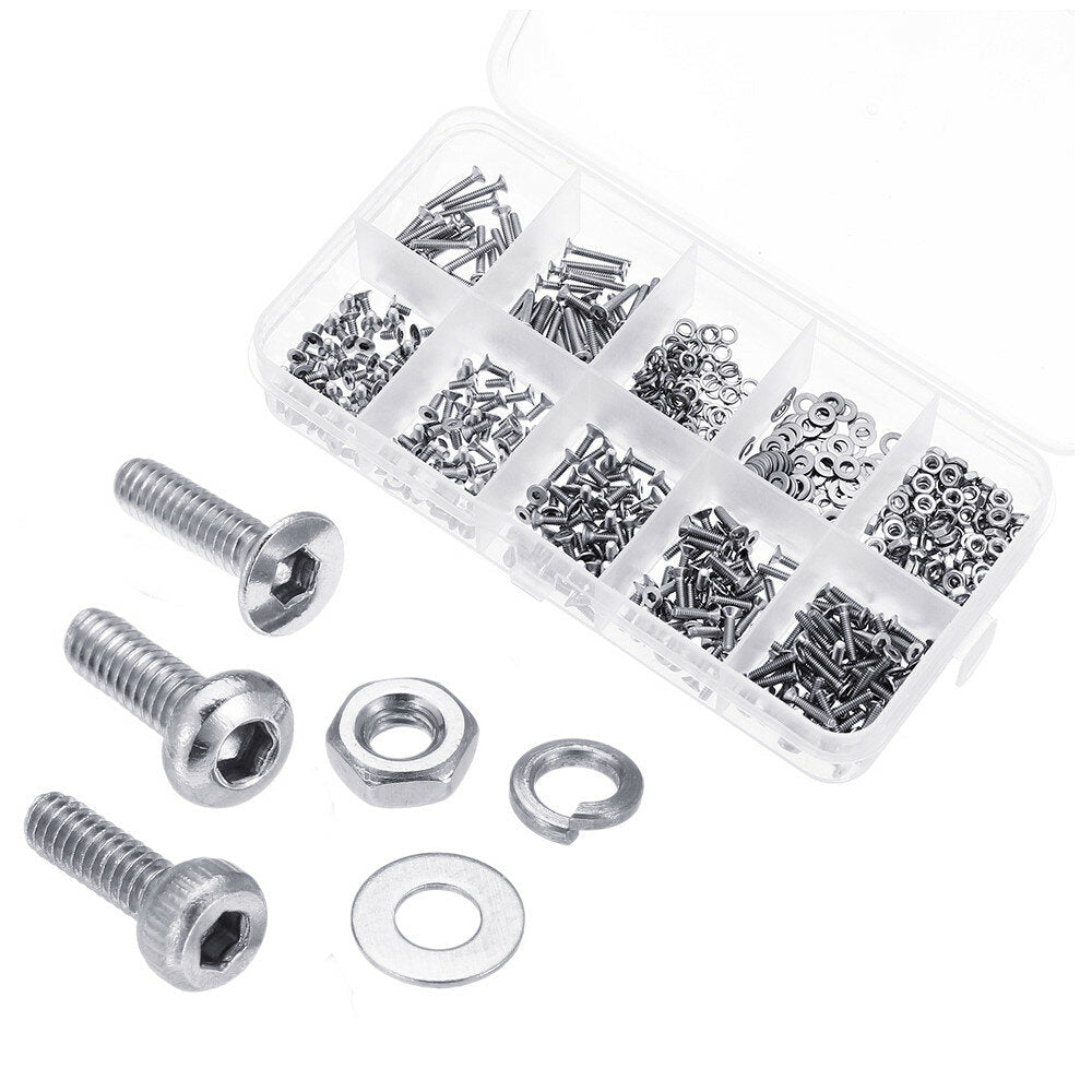 600Pcs M2 304 Stainless Steel Hex Socket CapButtonFlat Head Screw Washer Nut Kit