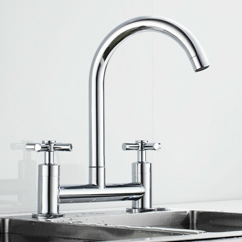 Modern Kitchen Sink Faucet Hot Cold Mixer Taps Swivel Spout Dual Lever Tap Mono Chrome