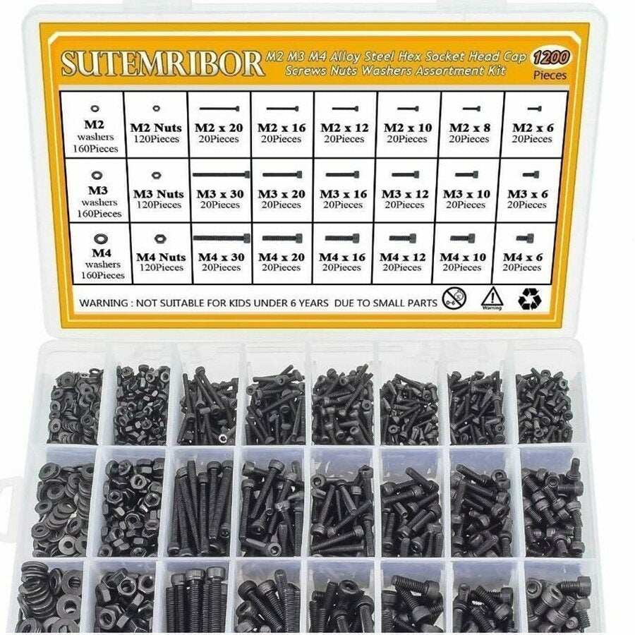 1200Pcs M2 M3 M4 Alloy Steel Hex Socket Head Cap Screws Nuts Washers Assortment Kit