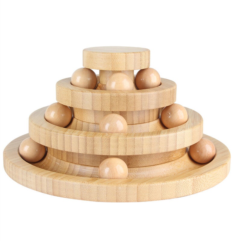 Three-layer Track Interactive Cat Toys Turntable Include 9 Wooden Balls Natural Solid Base Wood Safe for Cats
