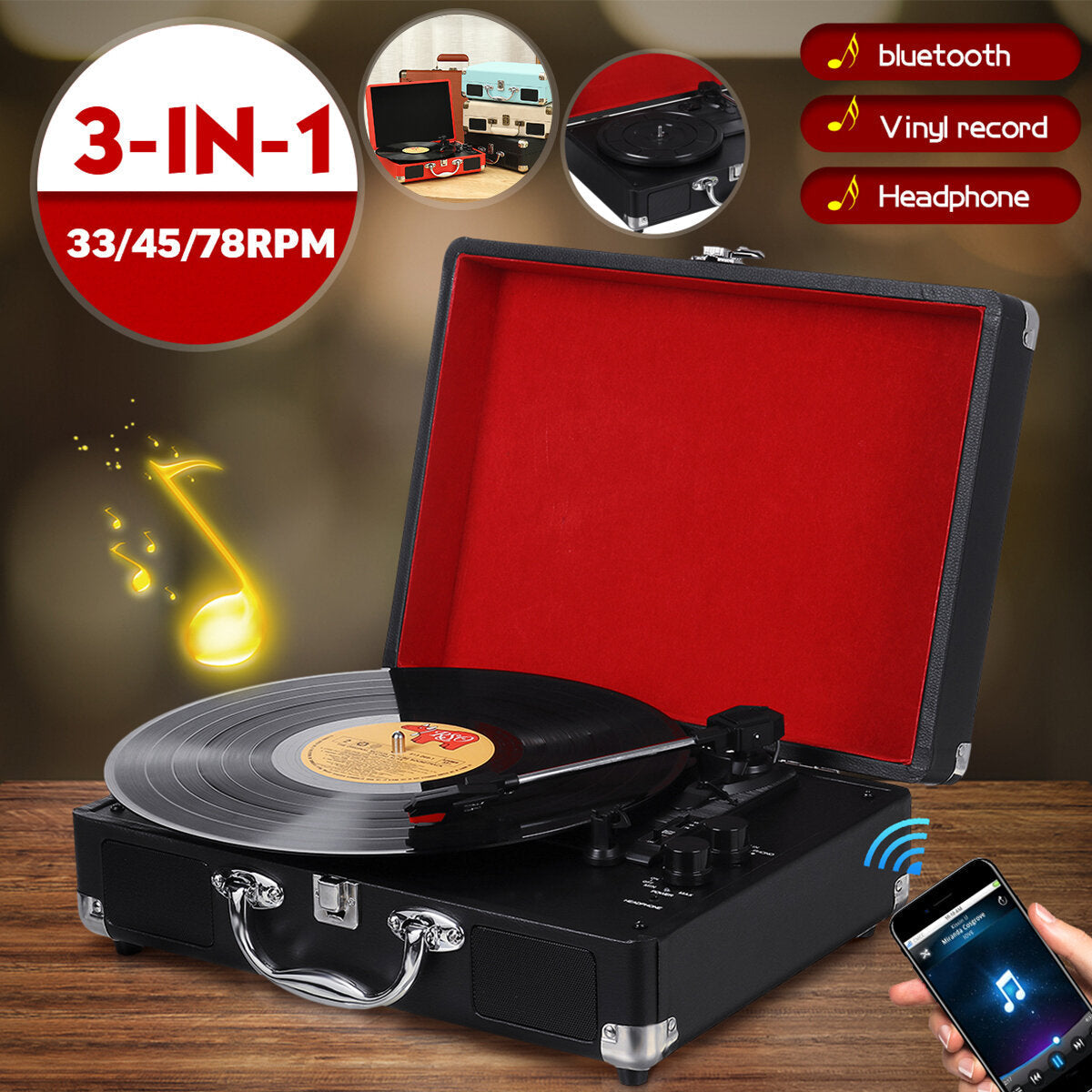 Vinyl Turntable Record Player LP Disc 33/45/78 RPM Bluetooth Portable Leather Gramophone Phonograph Speaker 3.5mm Antique Retro