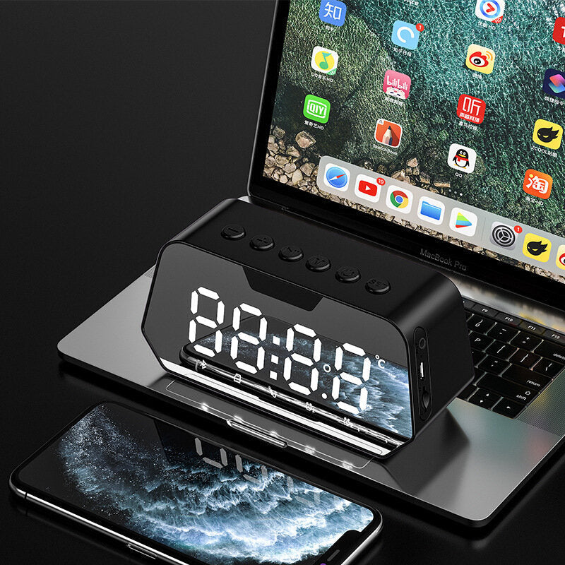 Bluetooth 5.0 Speaker Alarm Clock Multiple Play Modes LED Mirror with FM Function 360 Surround Stereo Sound Real-time Temperature Display 3600mAh