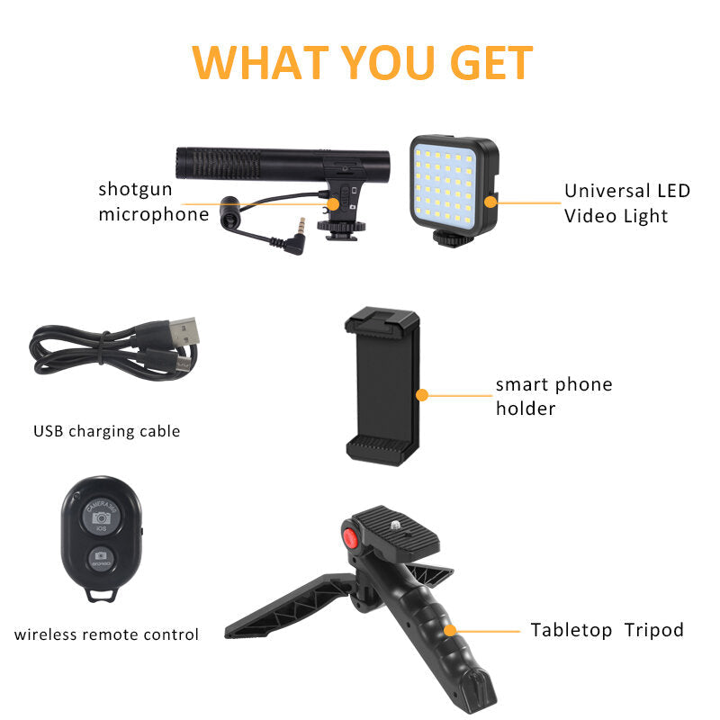 Vloggging Kits Professional Photography Set with microphone LED Fill Light Tripod Cell Phone Holder Clip for Vlogging YouTube Live Recording