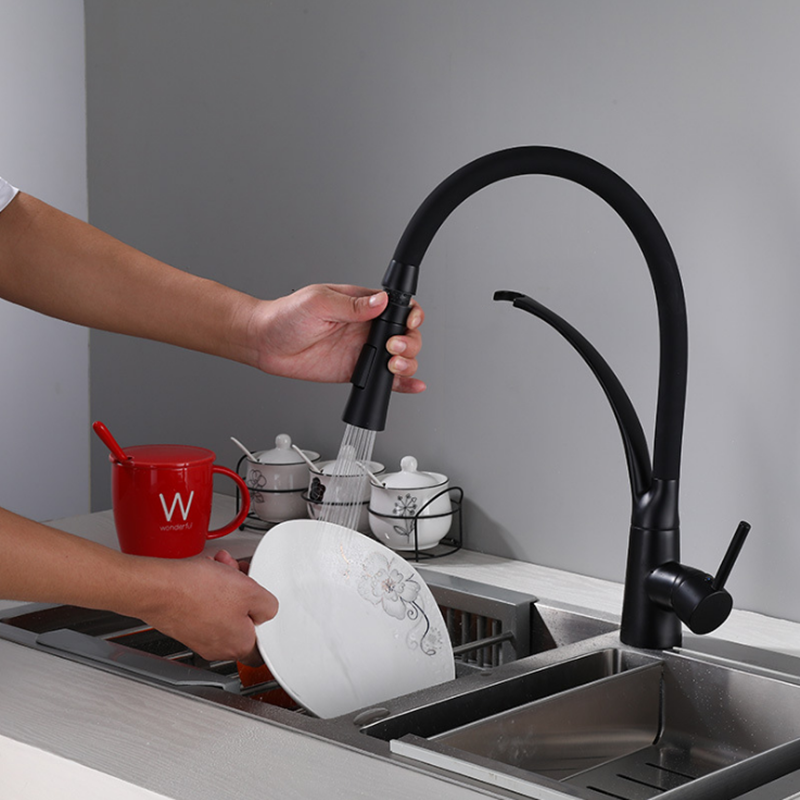 Painted Black Kitchen Sink Faucet Sprayer Brass Mixer Tap Two Water Modes 360 Rotation Single Handle