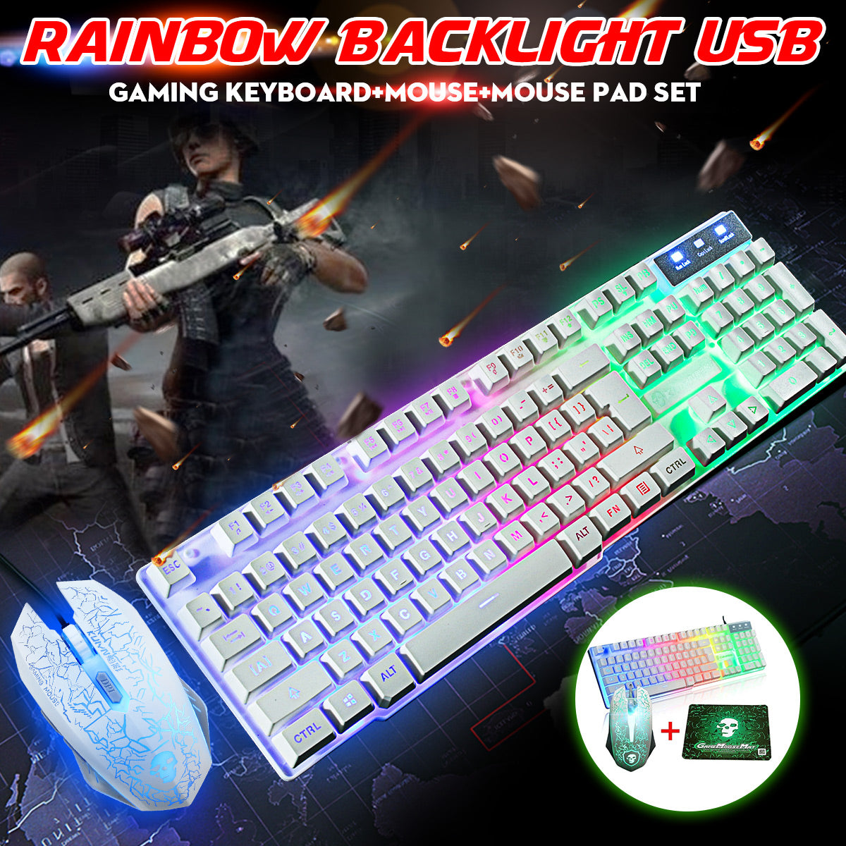 Rainbow Backlight USB Wired Gaming Keyboard 2400DPI LED Mouse Combo with Mouse Pad