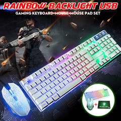 Rainbow Backlight USB Wired Gaming Keyboard 2400DPI LED Mouse Combo with Mouse Pad