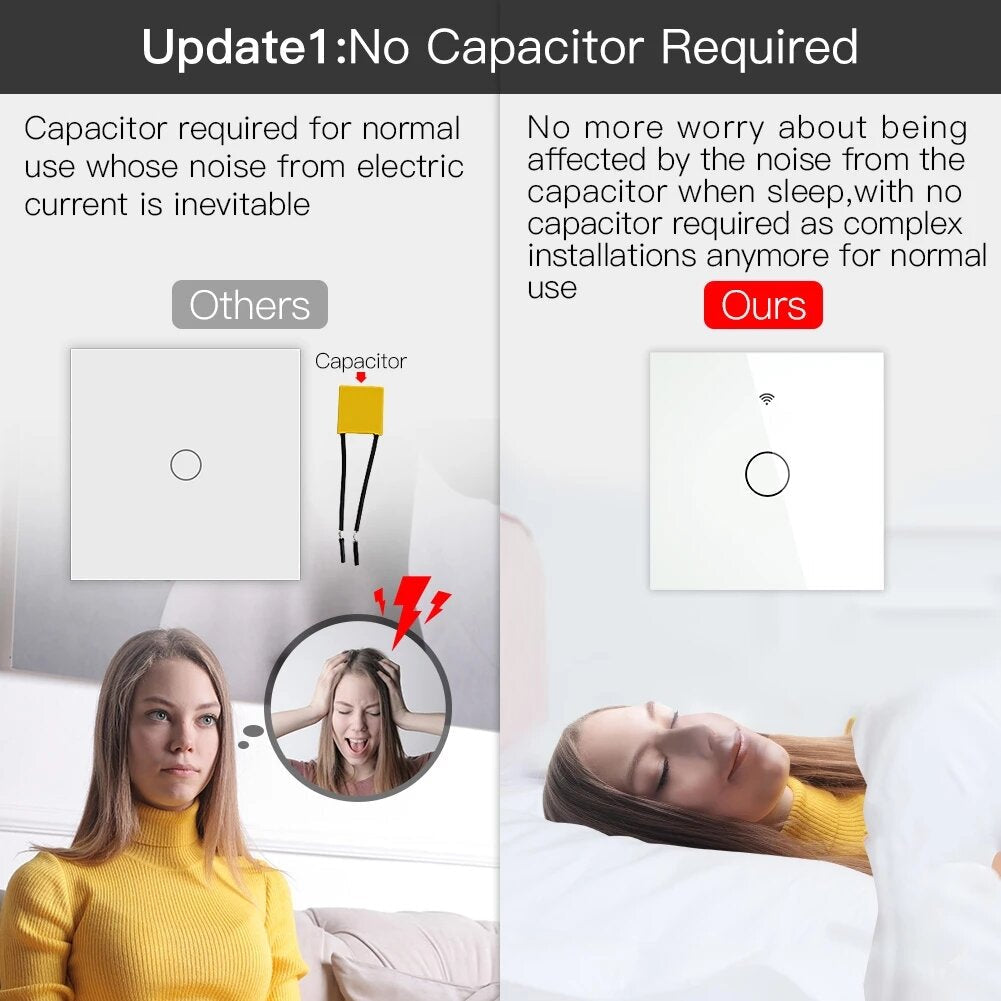 EU Wall Touch 250V 50/60Hz Smart Light Switch for Neutral Wire/No Neutral Wire No Capacitor Works with Alexa Google Hub Required
