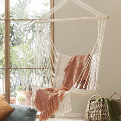 Hammock Cotton Swing Camping Rope Chair Wooden Beige Tasse Patio