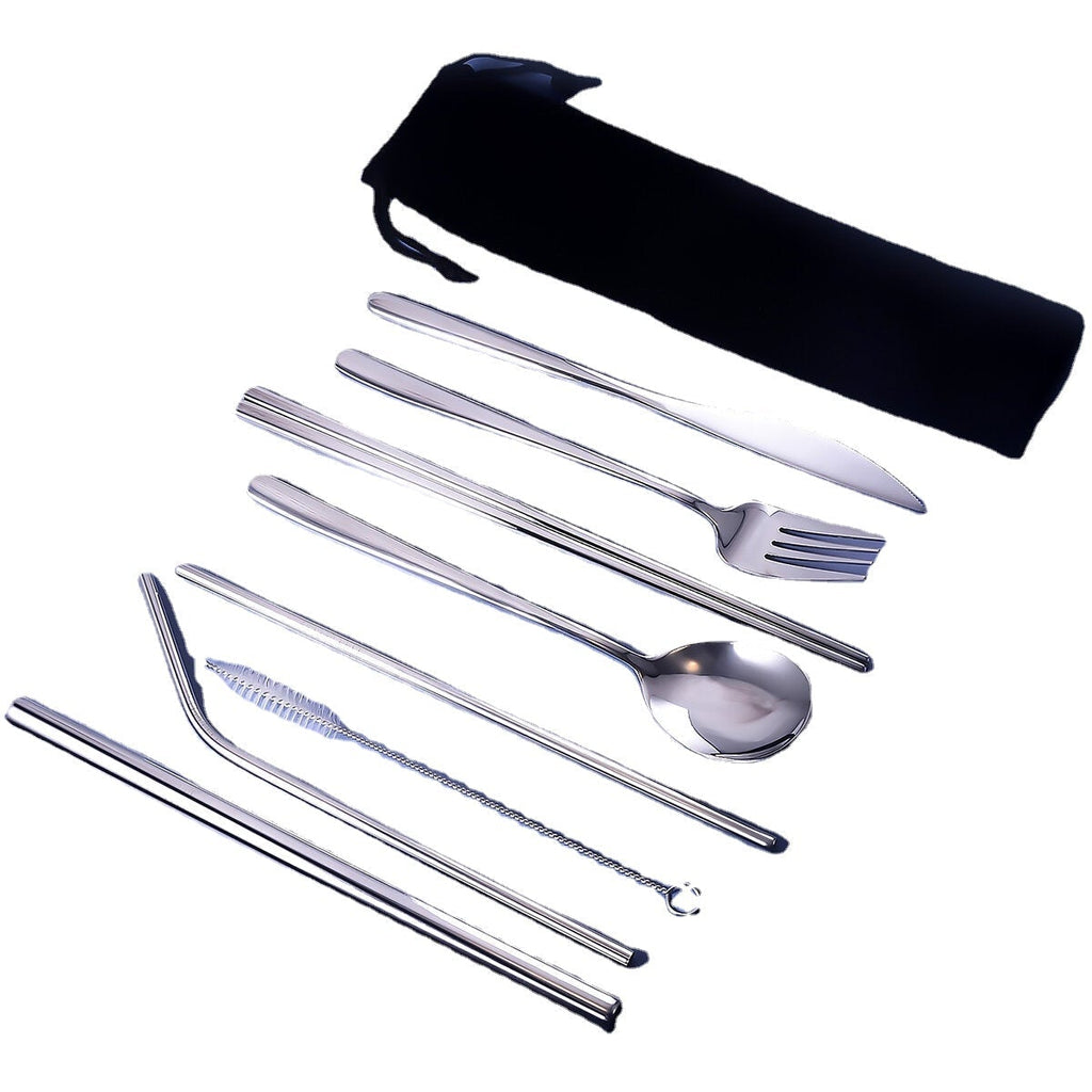 9pcs Titanium-Plated 304 Stainless Steel Cutlery Set Knife Fork Spoon Chopsticks Straw