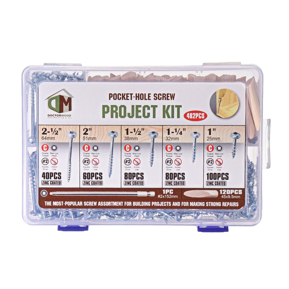 482Pcs 25-64mm Self Tapping Pocket Hole Screw Project Kit SQ2 Square Head Driver Wood Pocket Hole Plugs with 150mm Screwdriver Bit