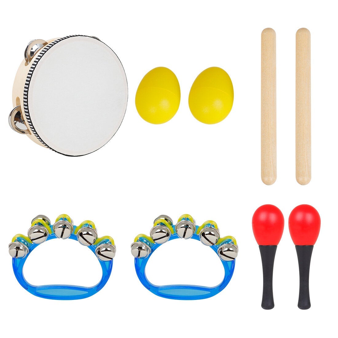 Musical Instrument 5 Set with Tambourine Sand Egg Hammer Rhythm Stick Hand Bell