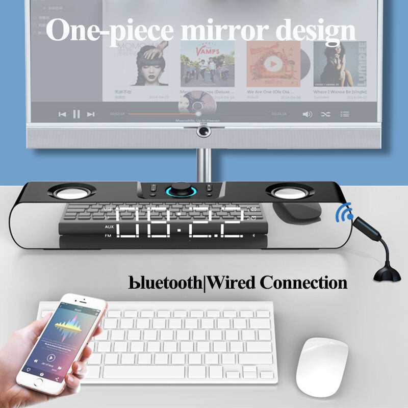 Bluetooth 5.0 Speaker Stereo Subwoofer Bass Four-Units Noise Reduction FM Radio TF Card AUX-In Alarm Clock 1500mAh LED Mirror Display Soundbar