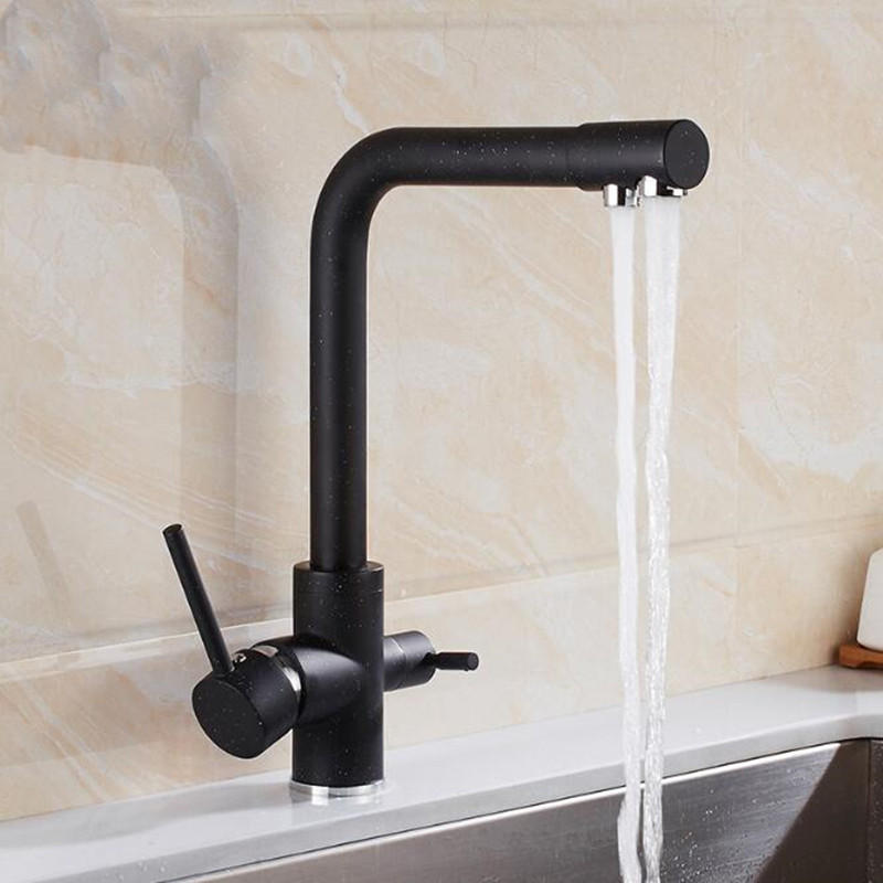Kitchen Sink Faucet Rotatable Hot Cold Mixer Drinking Water Tap Double Handles Copper Deck Mount Black