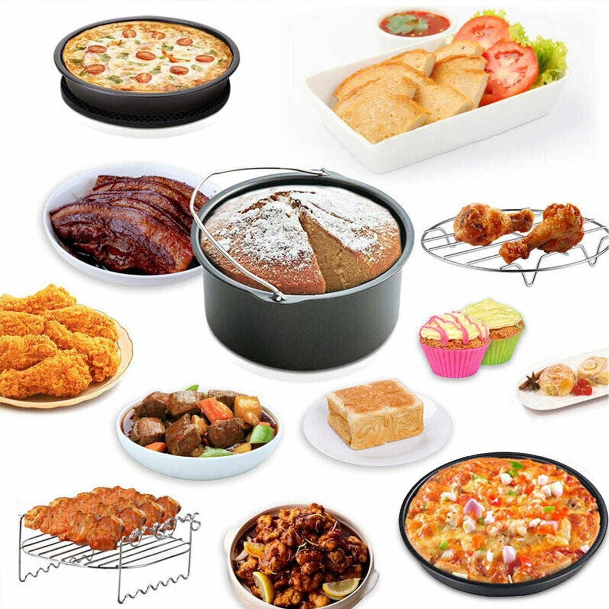 8" Air Fryer For 3.7QT-6.8QT 124PCS Set Accessories Frying Cage Baking Rack Tray