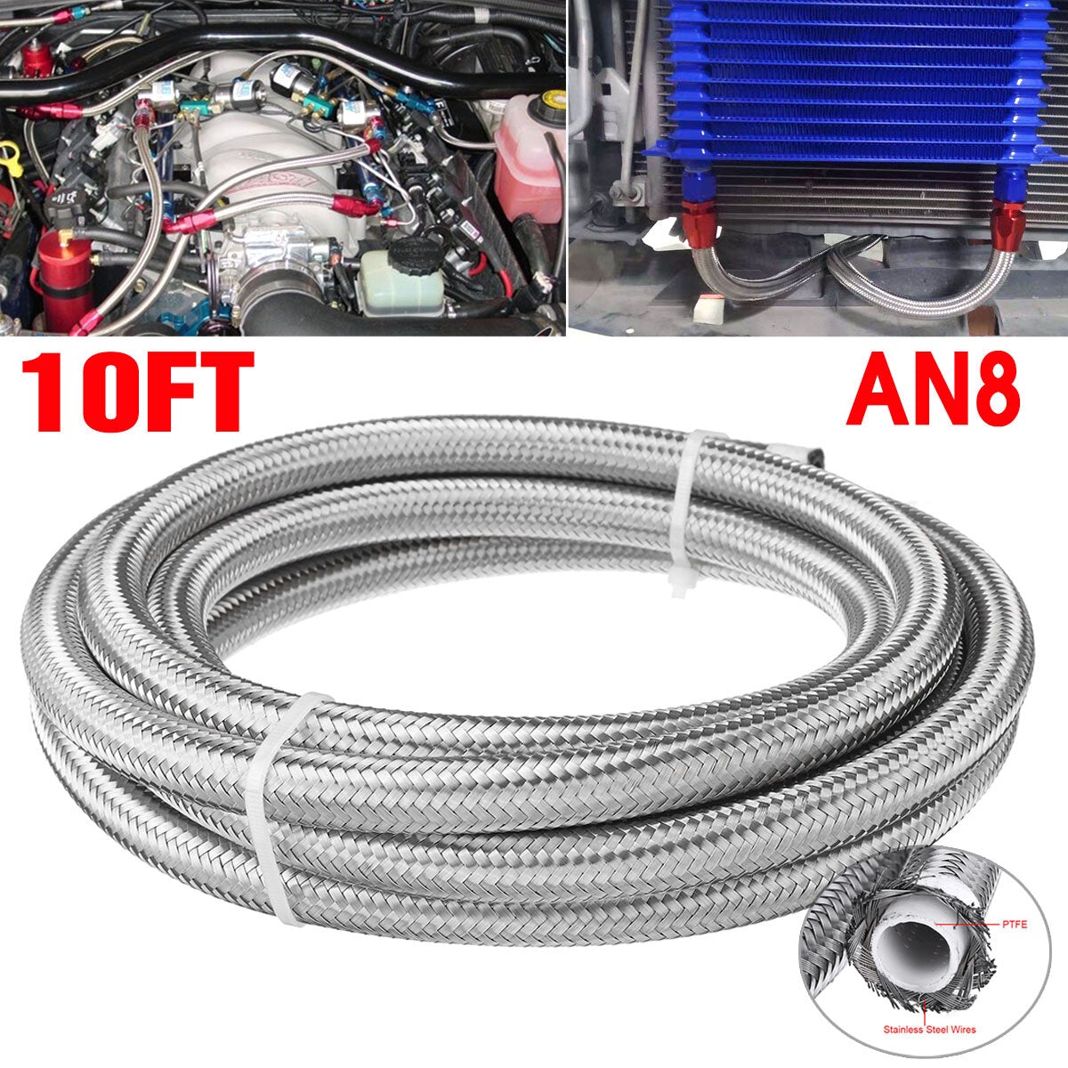 10FT 304.8cm Fuel Hose Oil Gas Line PTFE Stainless Steel Braided