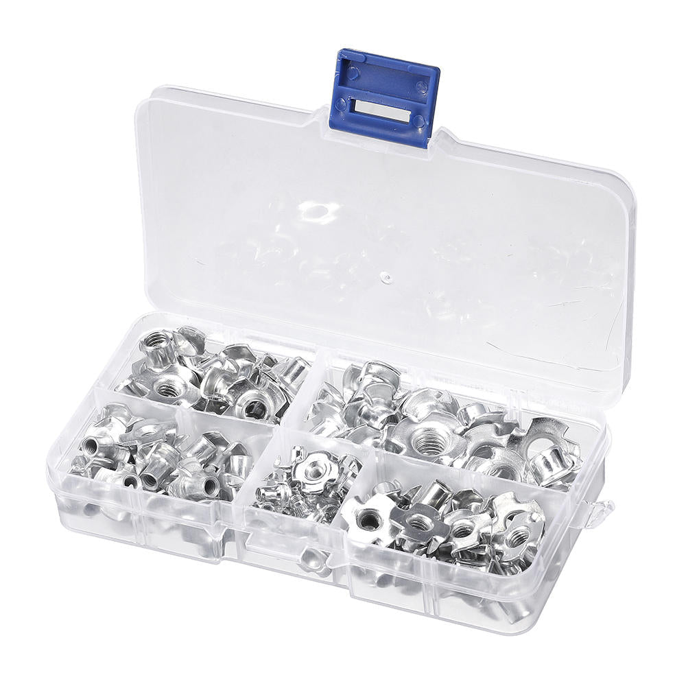 90Pcs Four Prong T Nut Inserts Carbon Steel Zinc Plated For Wood M3/M4/M5/M6/M8 Nut Assortment Kits