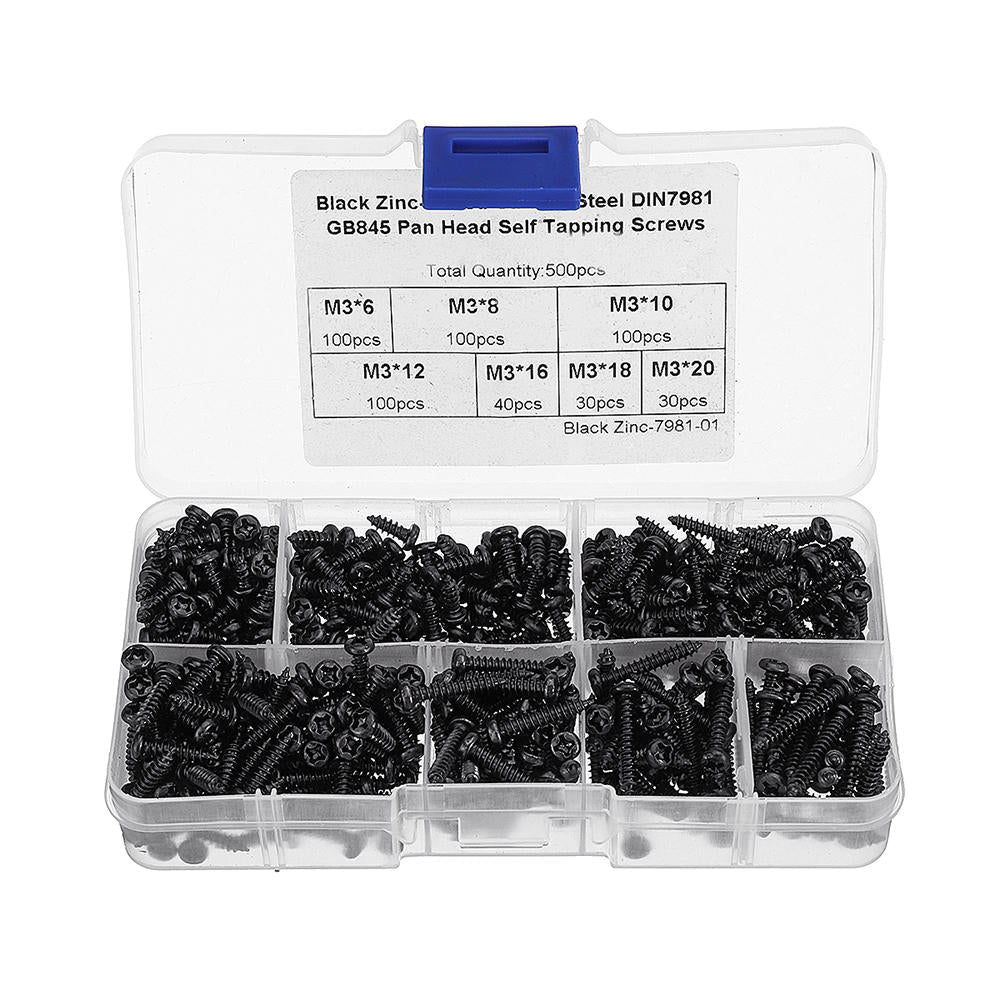M3CP1 500Pcs M3 Phillips Screw Black Zinc-Plated Carbon Steel Pan Head Self Tapping Woodworking Screws Assortment Kit
