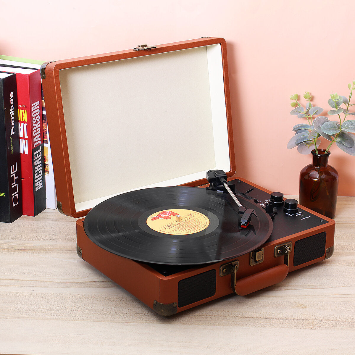 Vinyl Turntable Record Player LP Disc 33/45/78 RPM Bluetooth Portable Leather Gramophone Phonograph Speaker 3.5mm Antique Retro