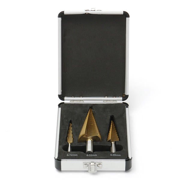 3pcs Titanium Coated HSS Step Cone Drill Bit Hole Cutter 4-12/20/32mm