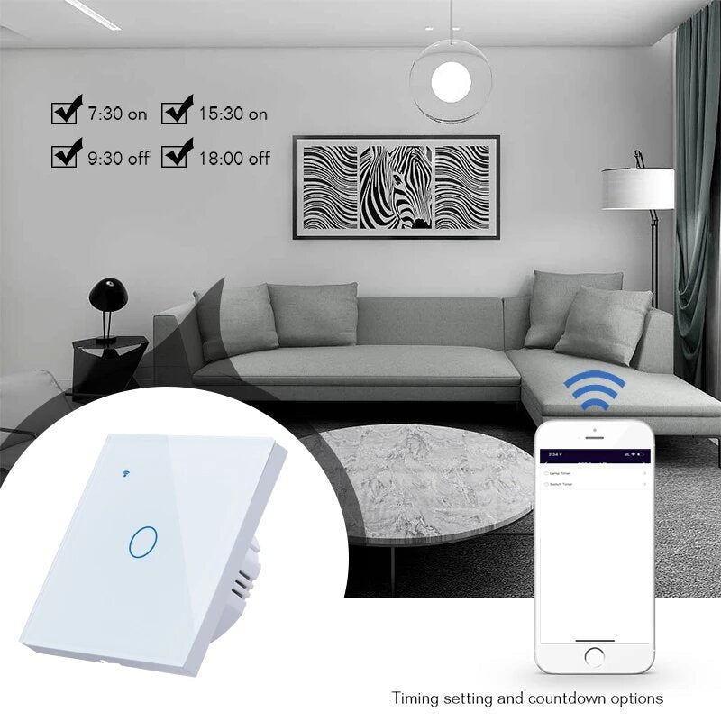 WiFi Wireless 1Gang 2 Way Smart Wall Touch Switch AC 100V/220V Wireless Wall Light Switch EU/UK Standard Smart Home